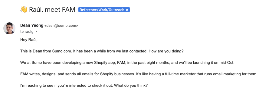 Best Email Subject Lines: Screenshot of email from Dean Yeong