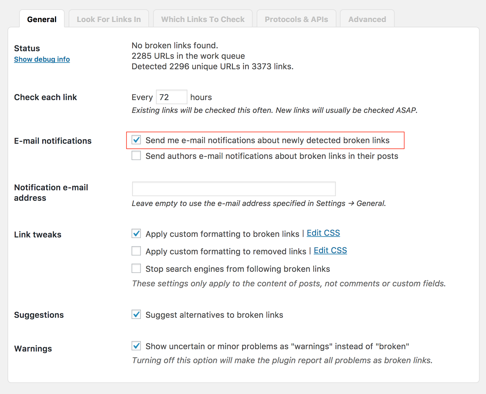 Screenshot showing settings on Wordpress