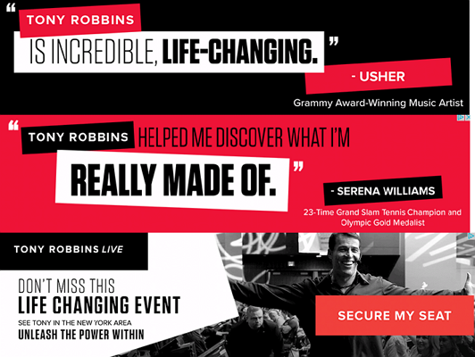 Screenshot of testimonials for Tony Robbins