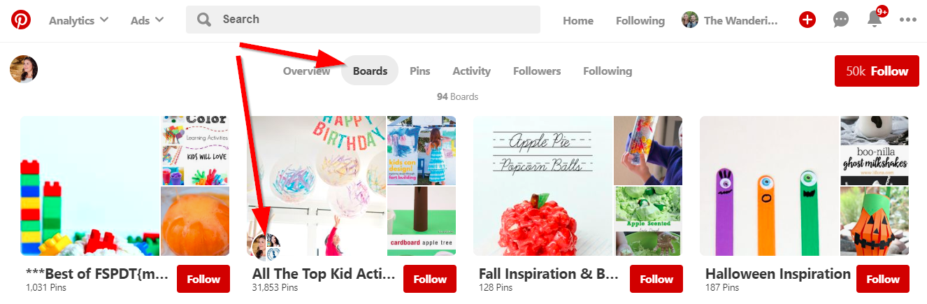 Screenshot showing pinterest boards