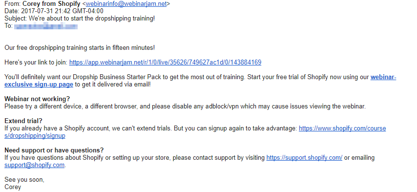 Screenshot showing a webinar reminder email hosted by Shopify