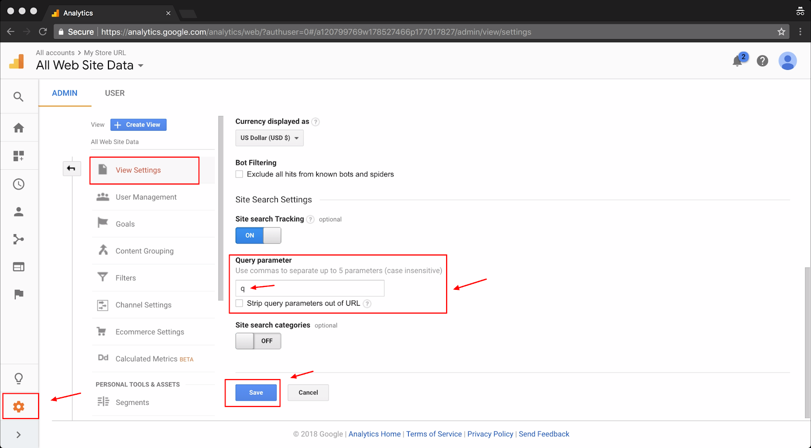 Screenshot showing a settings page on the Google Analytics dashboard
