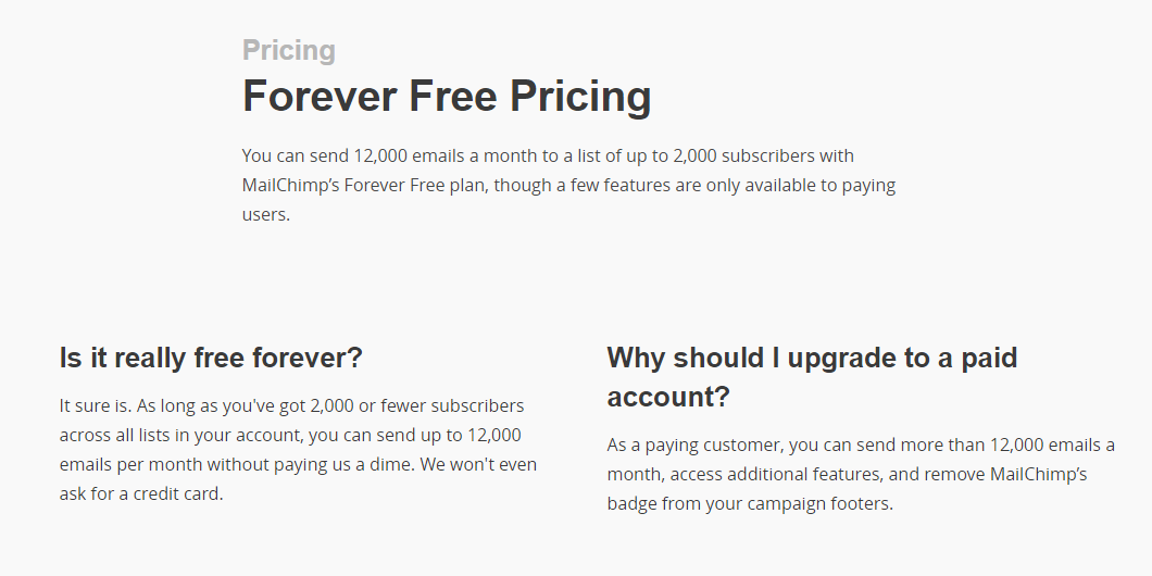 Screenshot showing plan information on the mailchimp website