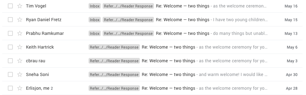 Screenshot of replies to welcome email by Dean Yeong