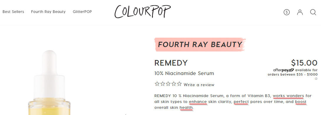 Screenshot of use of trigger words in product name by ColourPop