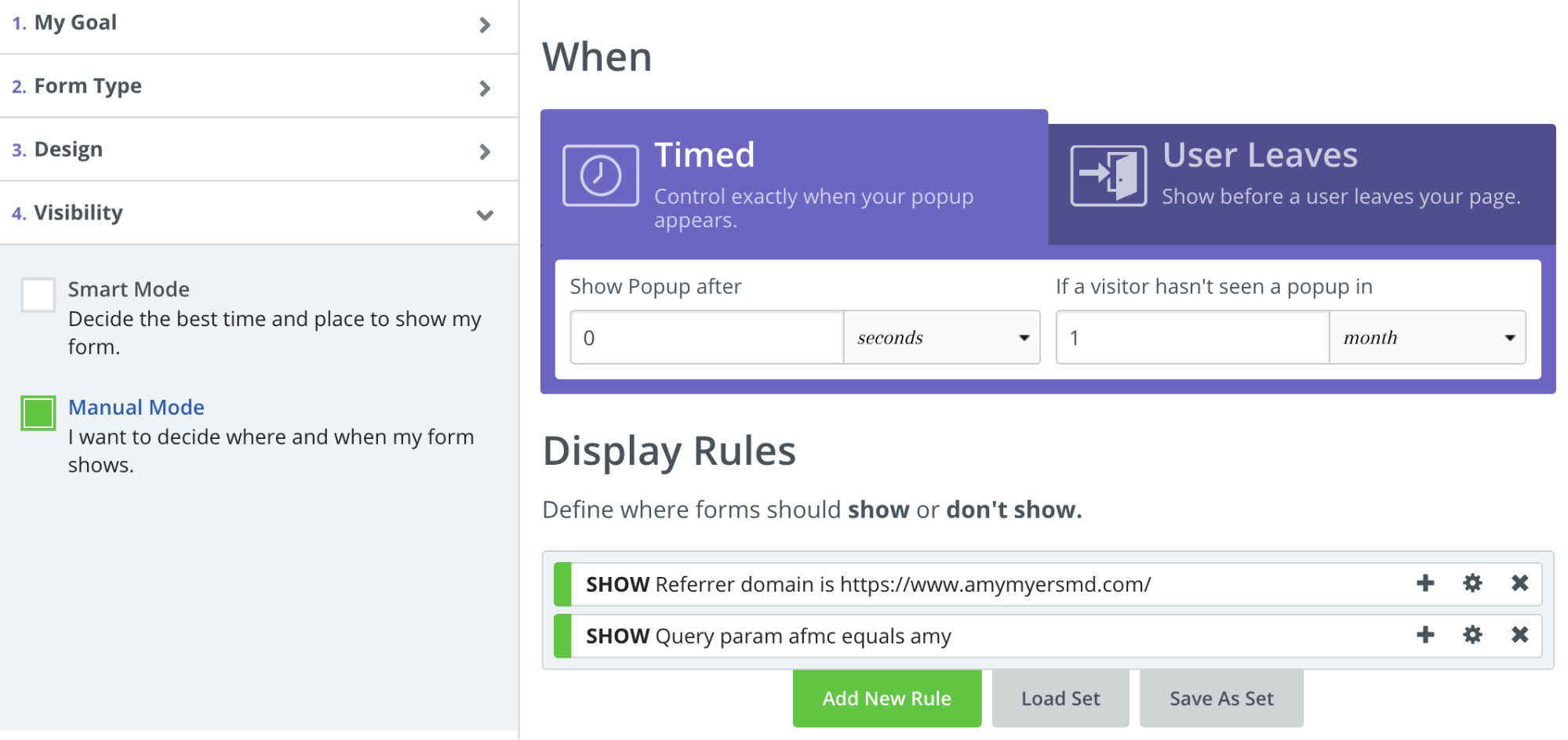 Screenshot showing Sumo visibility settings for a popup