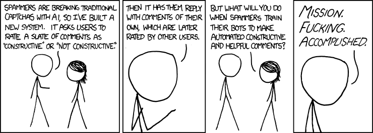 Screenshot of a webcomic, about the solution to spammers