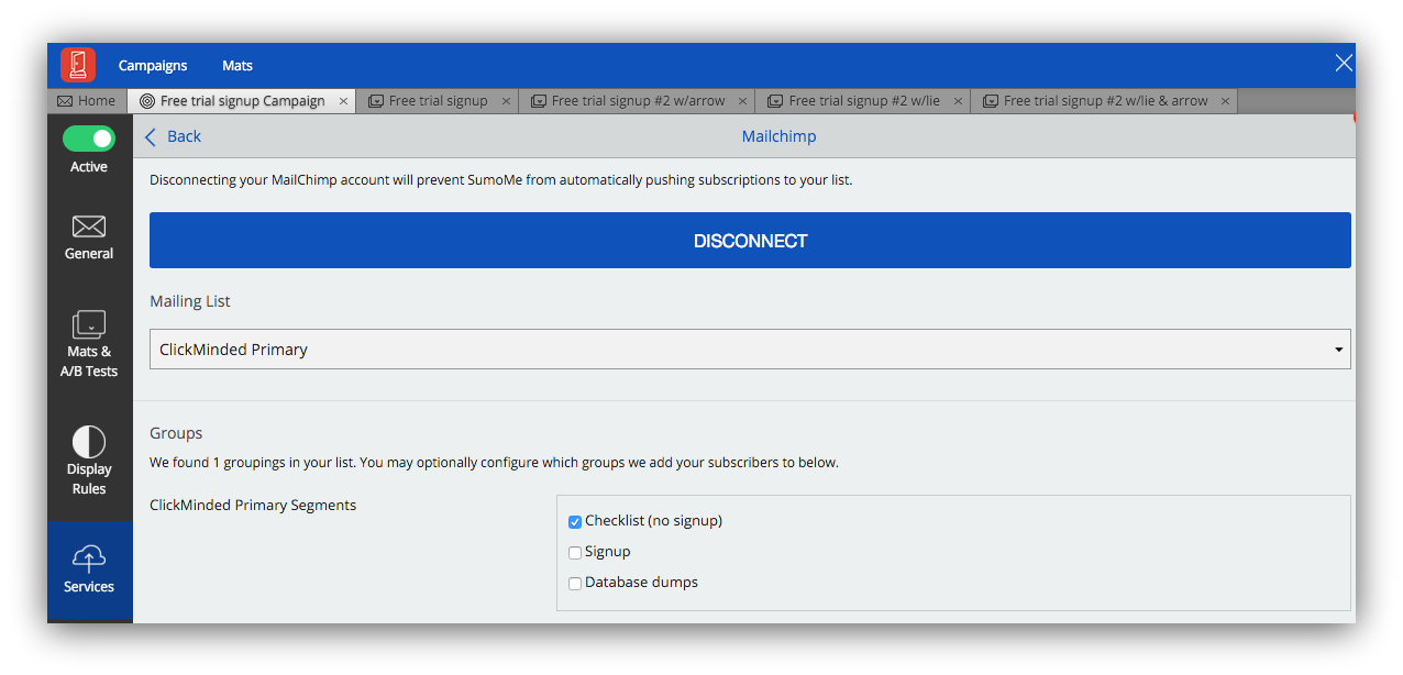 Screenshot showing the Mailchimp menu on the Sumo dashboard