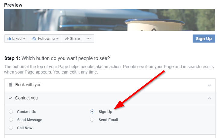 Screenshot of Facebook Call To Actions button