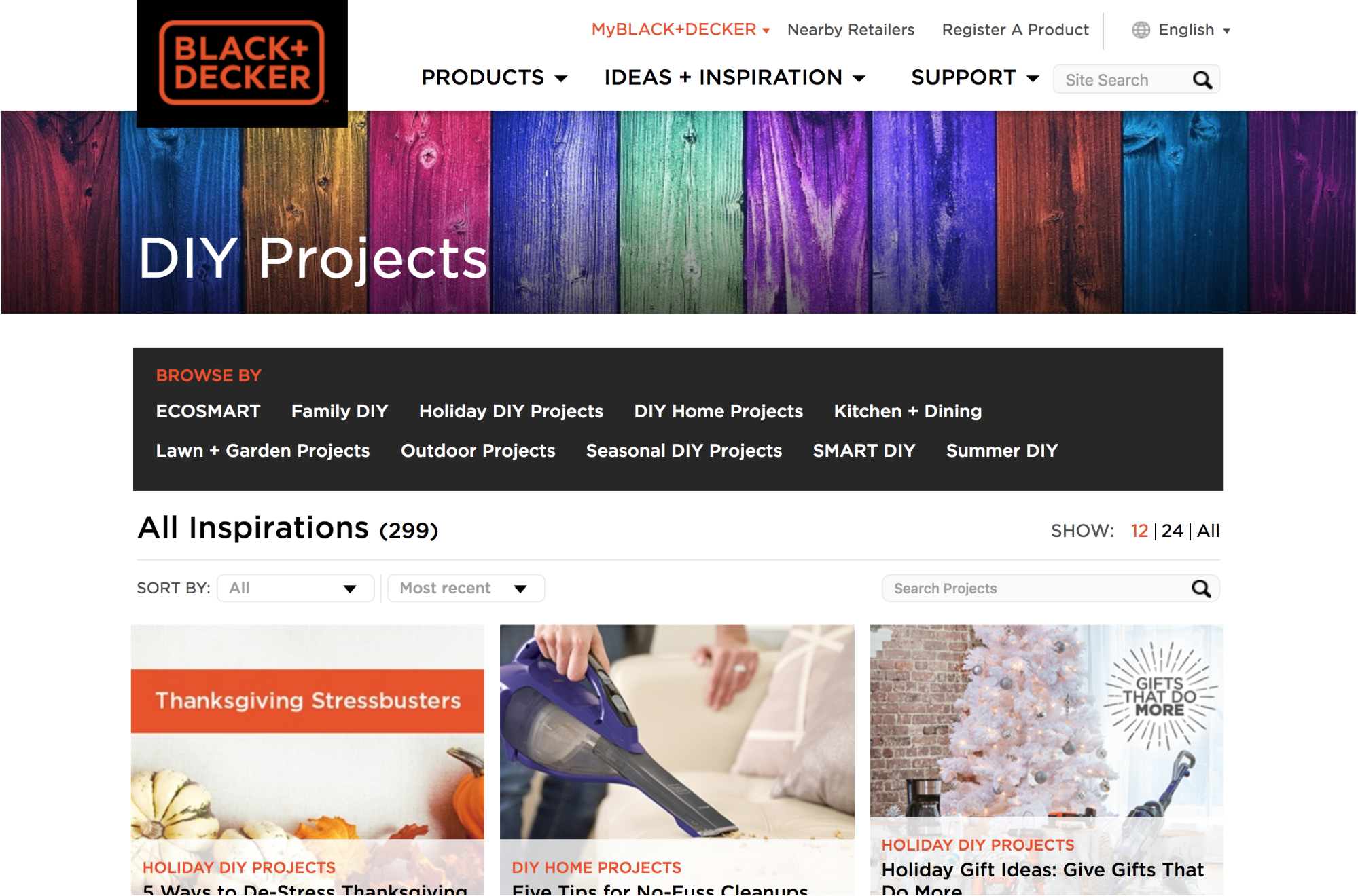 Screenshot showing DIY projects page on black+decker