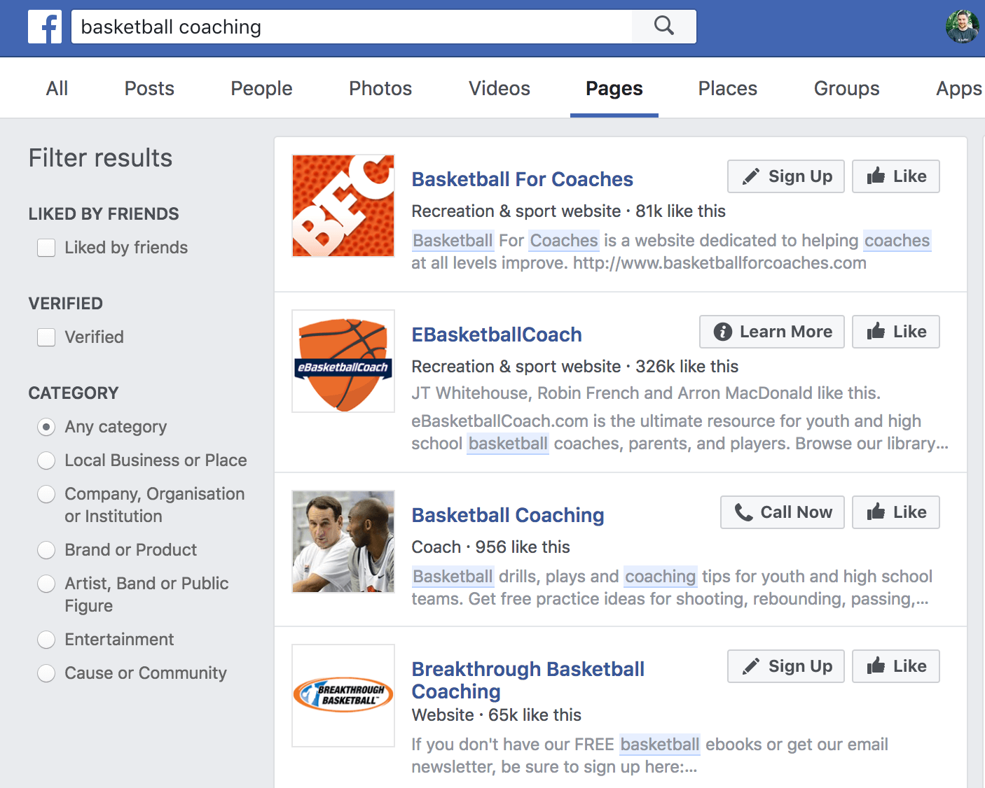 Screenshot showing facebook search results for basketball coaching