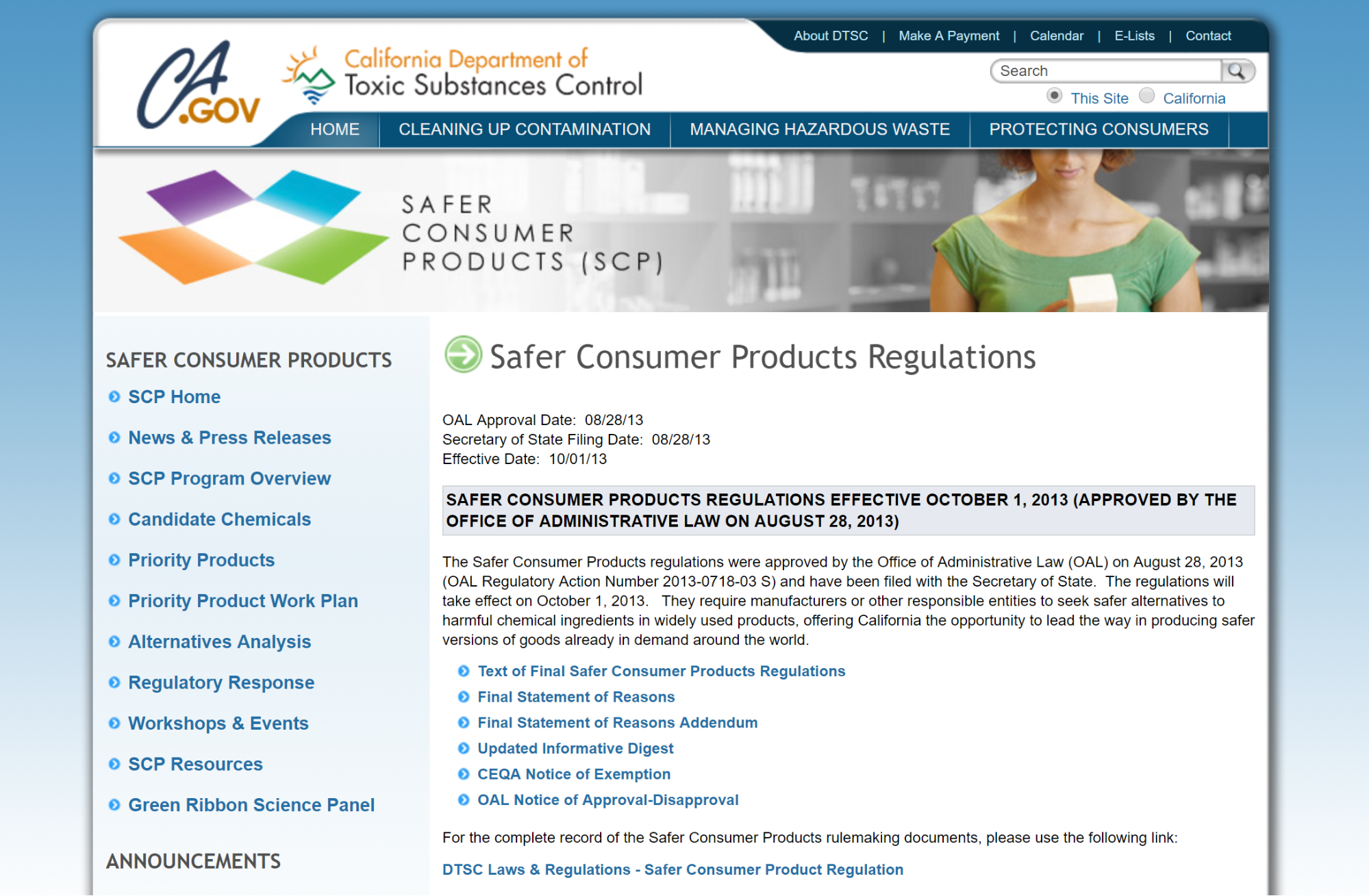 Screenshot showing consumer regulations for California