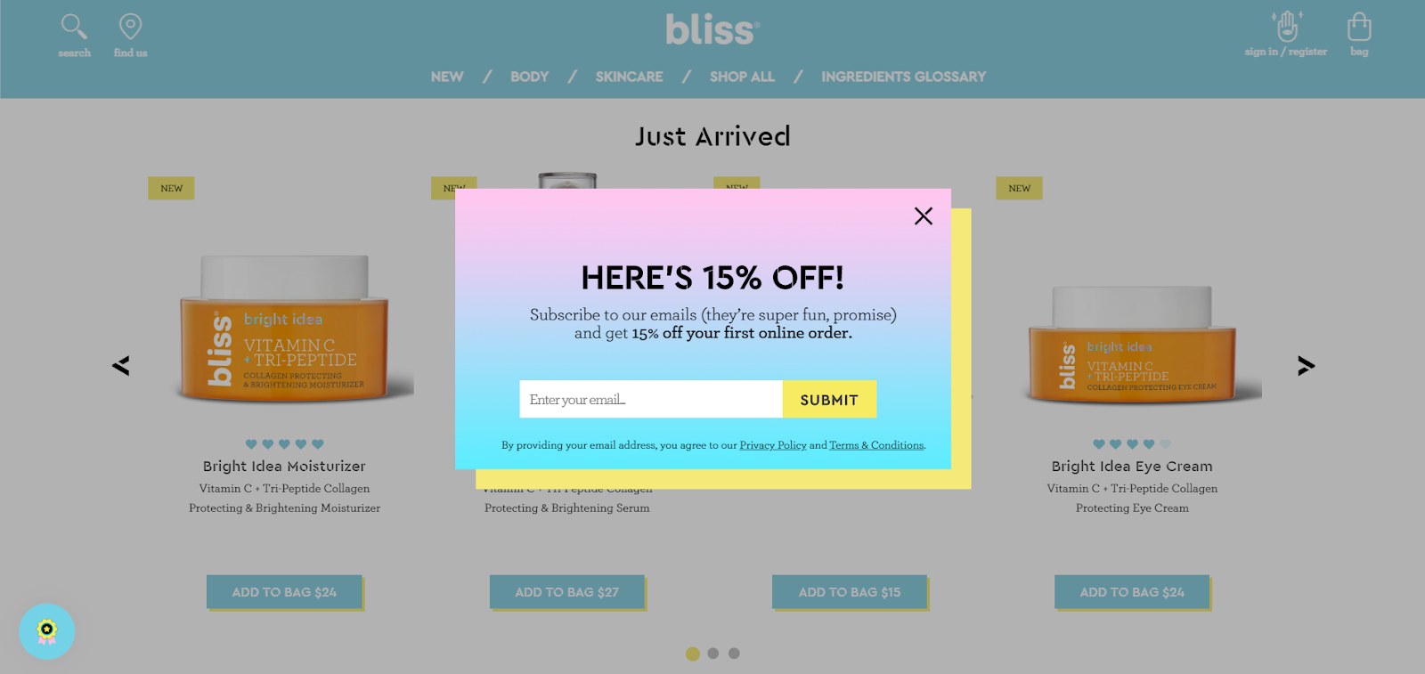 How To Build An Email List: Screenshot of Bliss discount popup