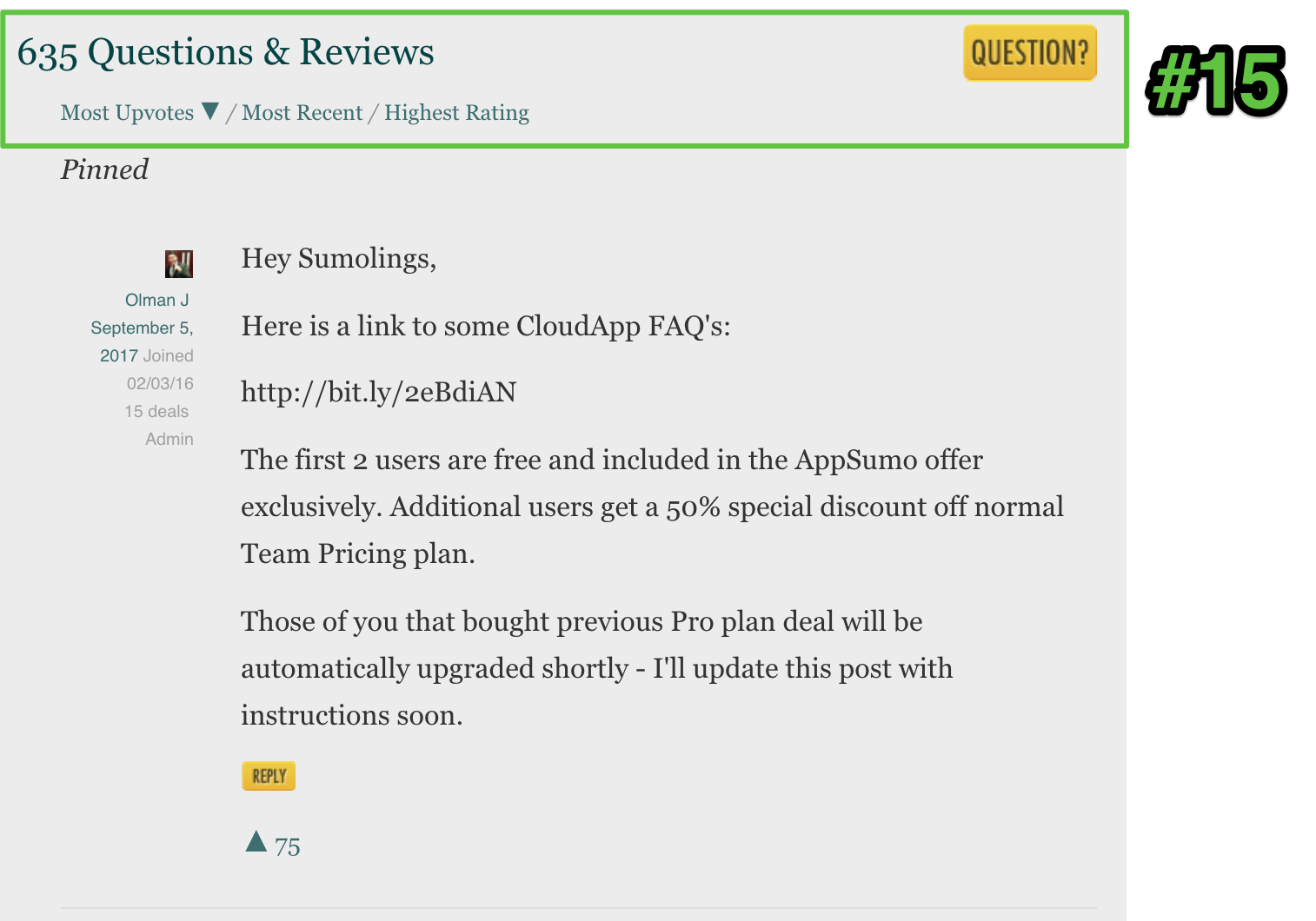 Screenshot showing a review for an appsumo deal