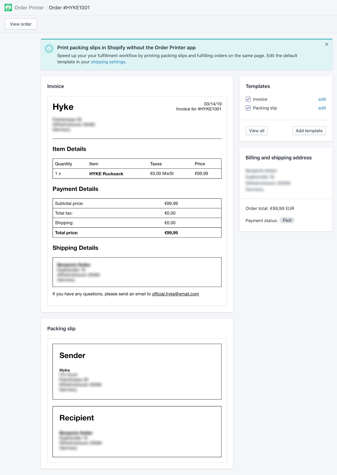 Screenshot showing HYKE invoice