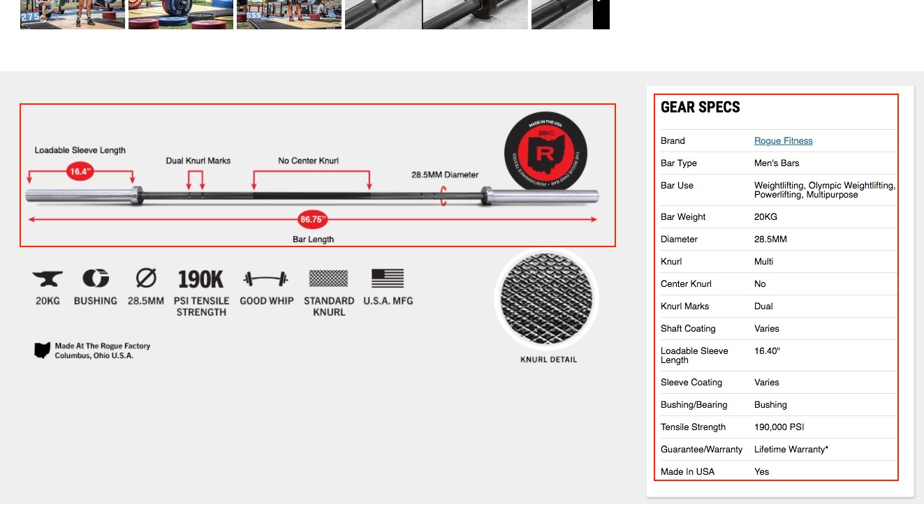 Screenshot showing specs for an ecommerce product