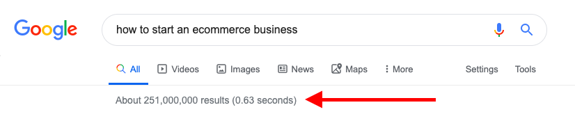 Screenshot of Google search results for "how to start an ecommerce business" search query