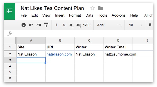 Screenshot showing a content planning worksheet