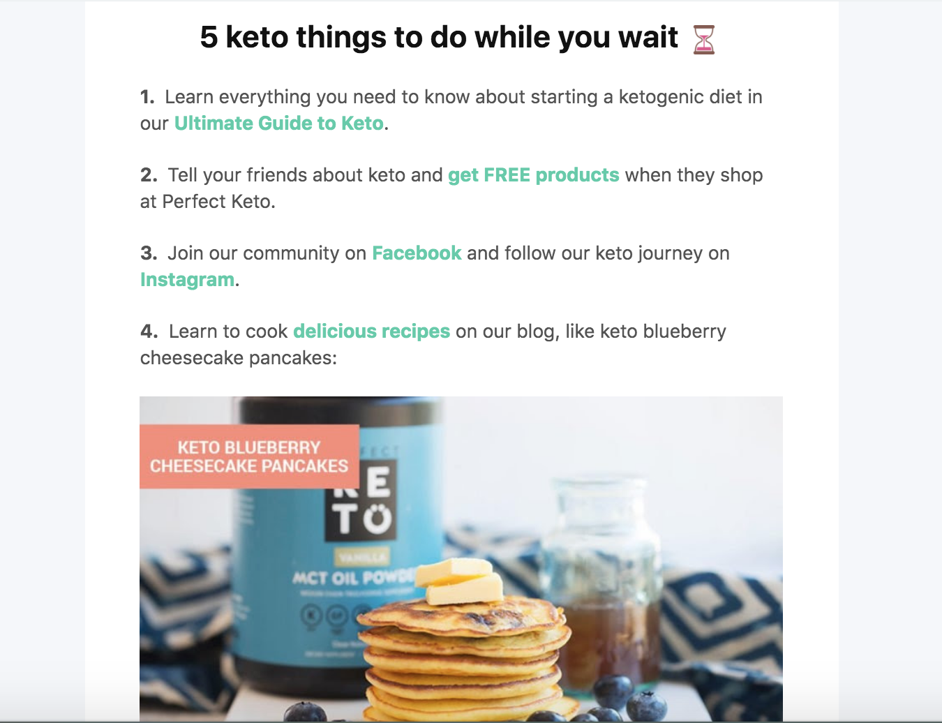Free guide email from Perfect Keto: 5 keto things to do while you wait
