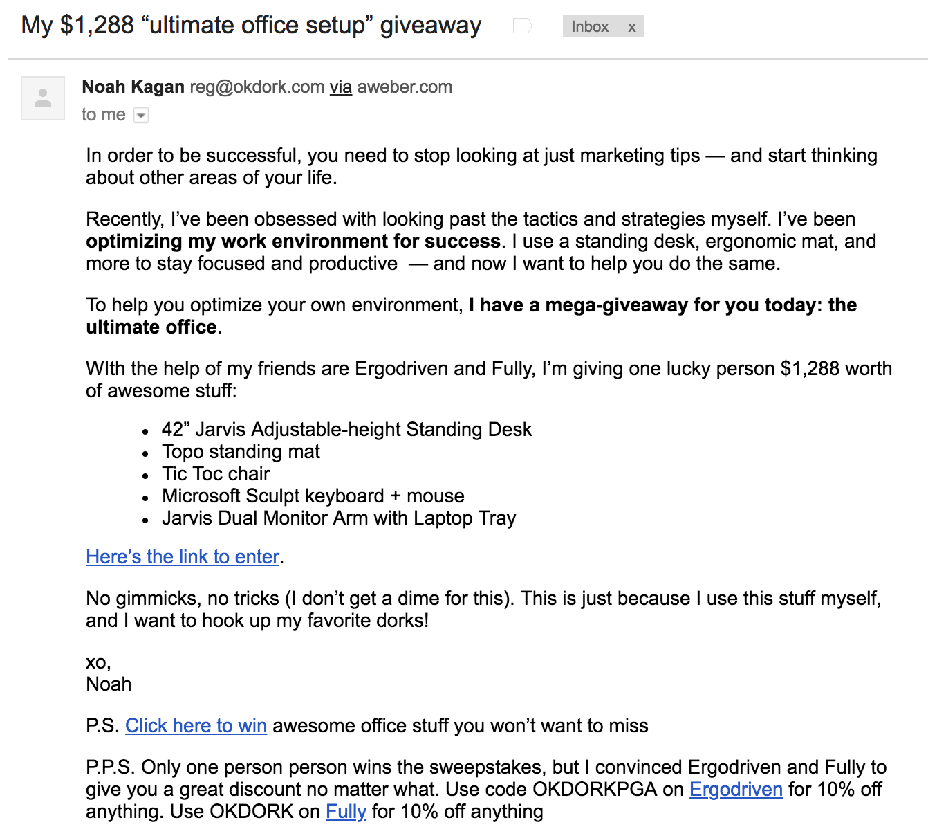 Screenshot showing an email promoting a giveaway