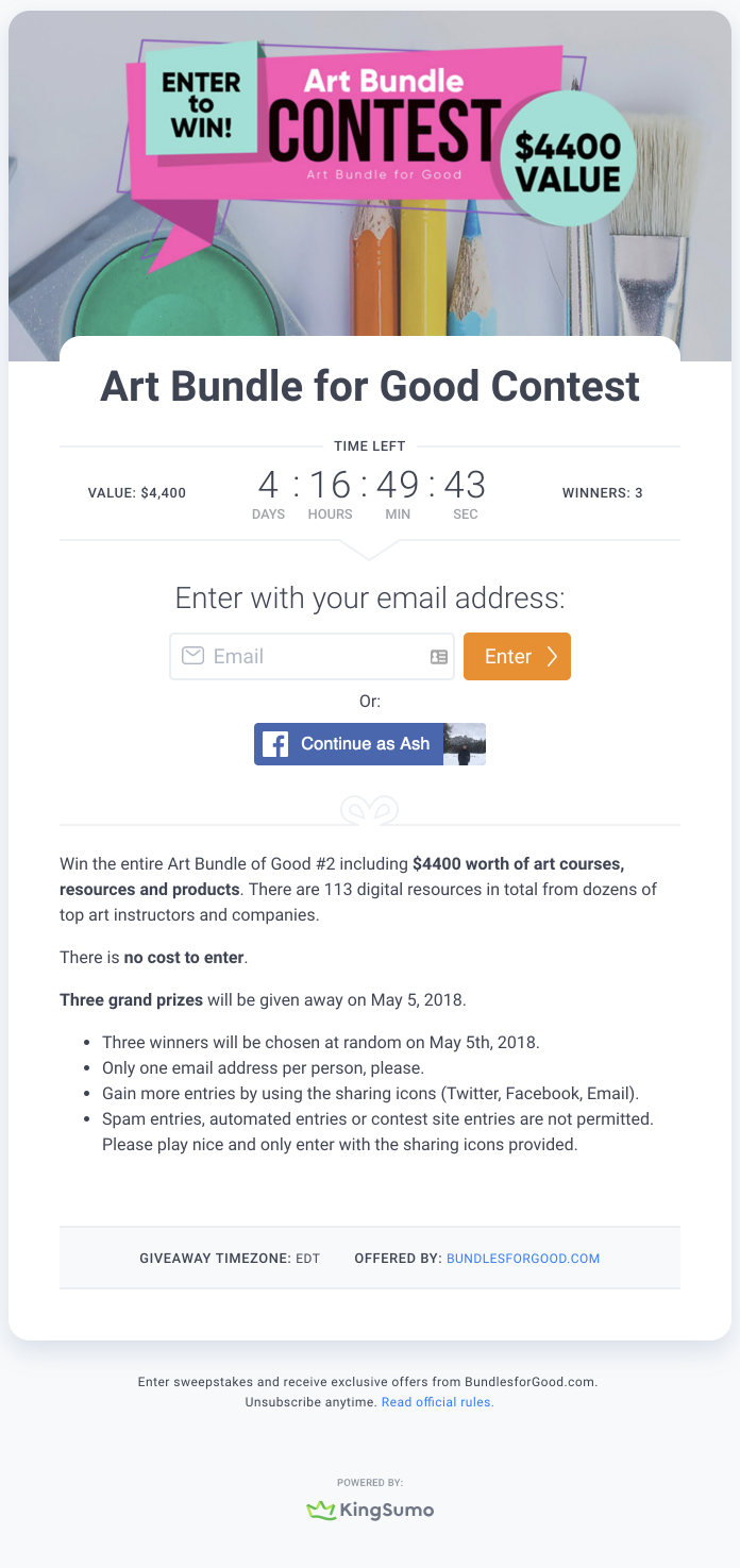 Screenshot showing information about a sweepstakes
