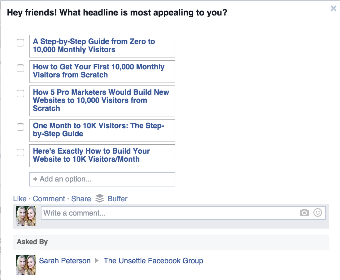 Screenshot of a facebook poll asking people what headline is more appealing to them