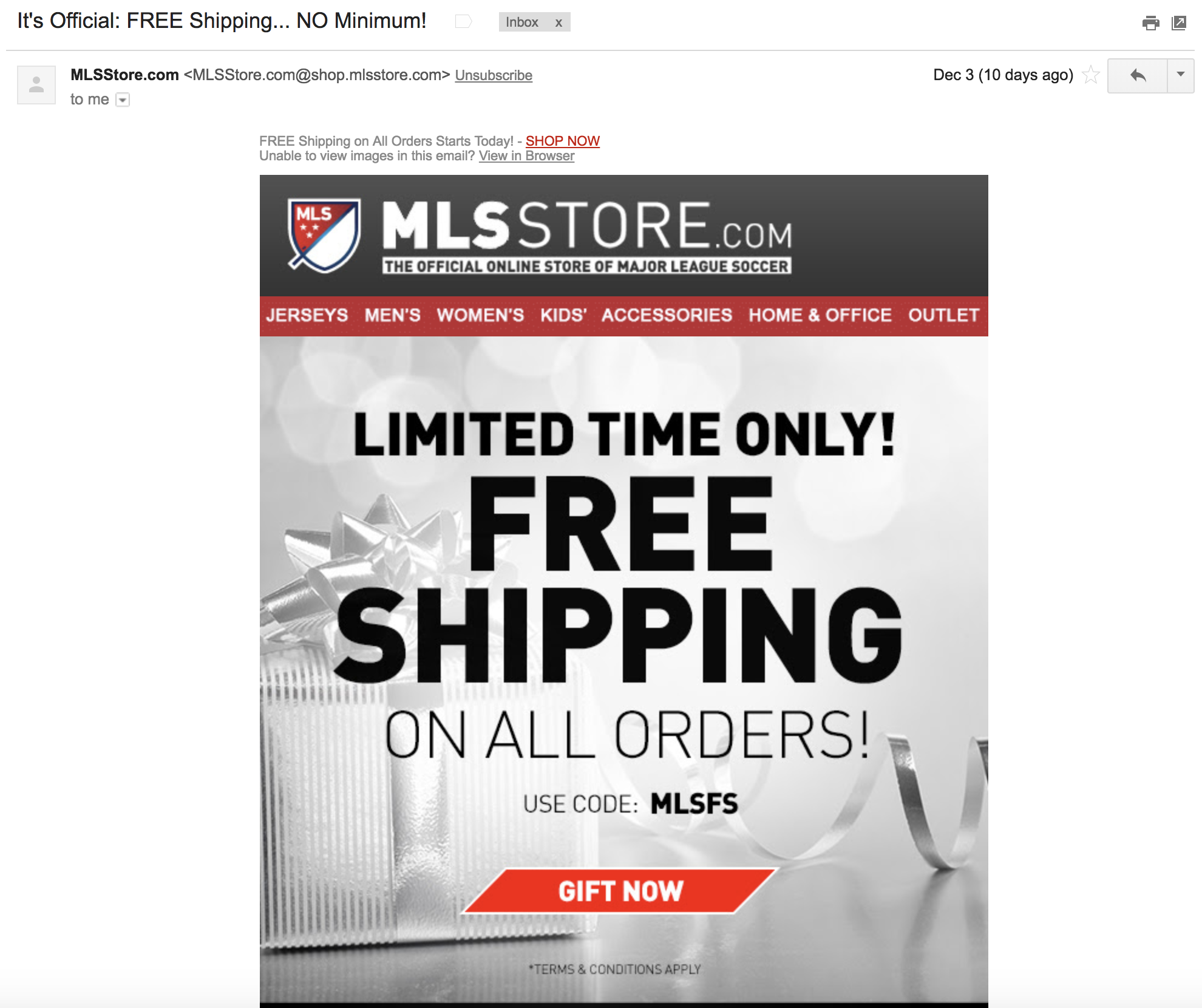 Screenshot showing an email by mlsstore.com