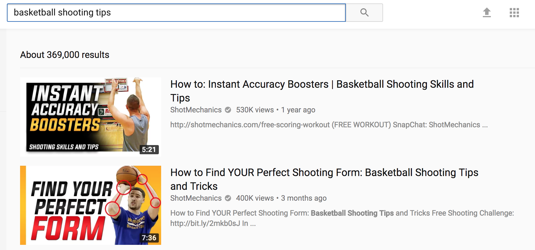 Screenshot showing youtube search results for basketball shooting tips