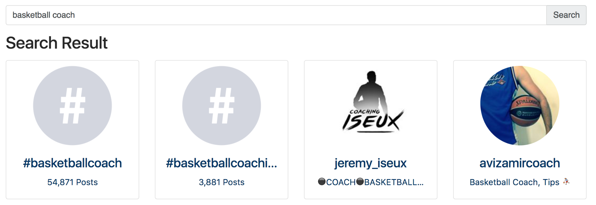 Screenshot showing search results for basketball coach