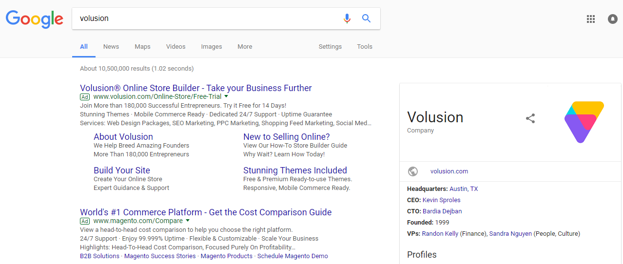Screenshot showing google search results for "volusion"