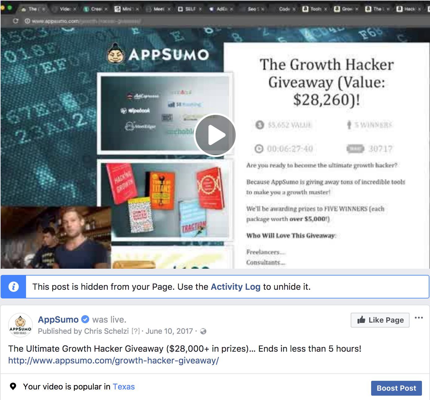 Screenshot showing a facebook promotion for an appsumo giveaway