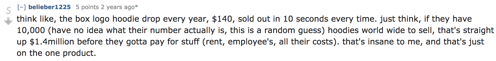 Screenshot showing a reddit post about Supreme and their profit margins/sales