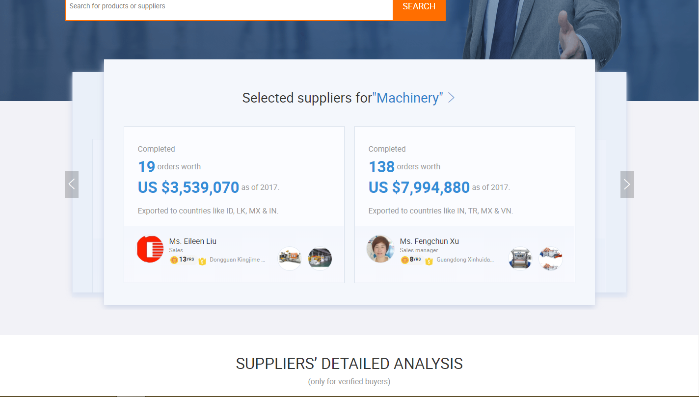 Screenshot showing suppliers for "machinery"