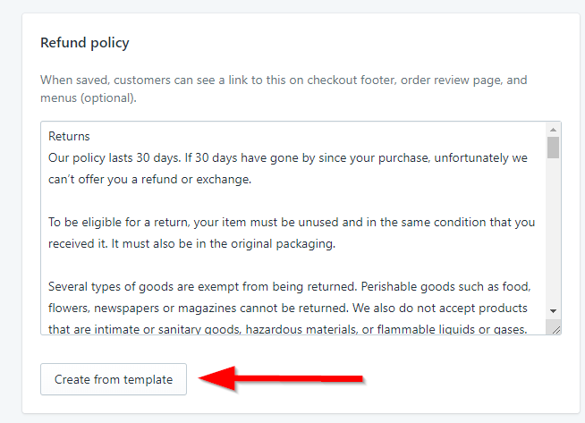 Screenshot showing Shopify refund policy template