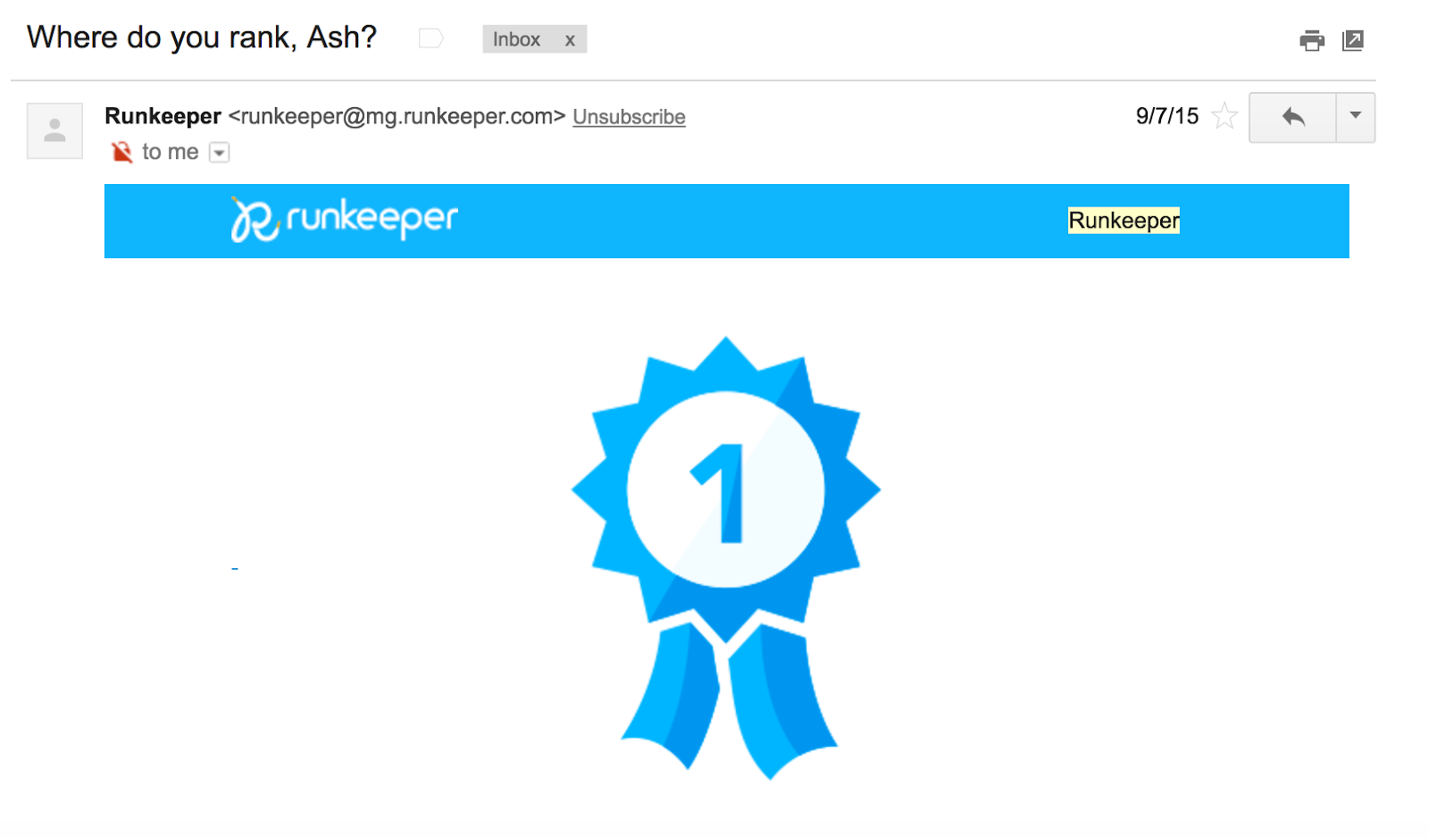 Best Email Subject Lines: Screenshot of email by Runkeeper