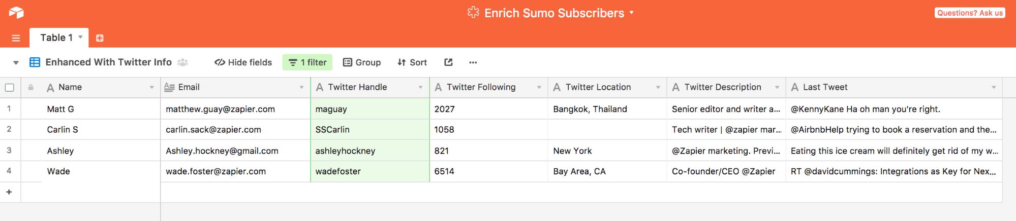 Screenshot showing a spreadsheet used for Zapier