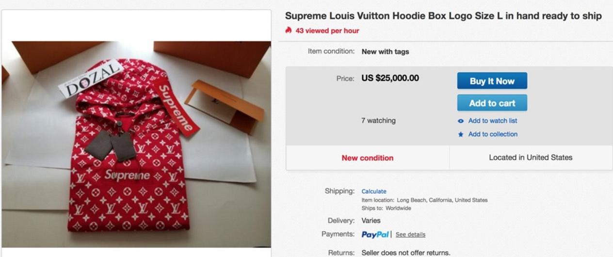 Screenshot showing an ebay listing for a Supreme hoodie