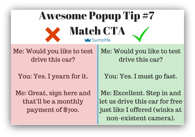 Pop-up tip match your call to action with offer