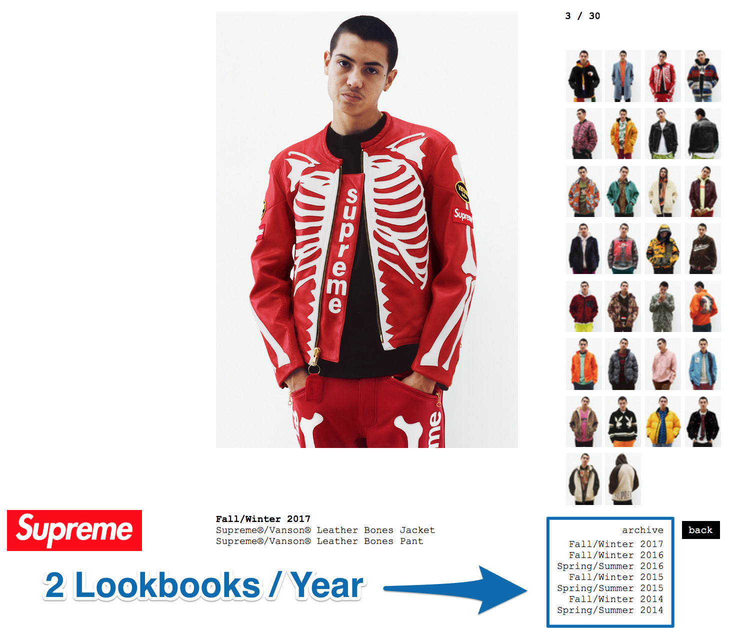 Screenshot showing the lookbooks for a certain piece of clothing by Supreme