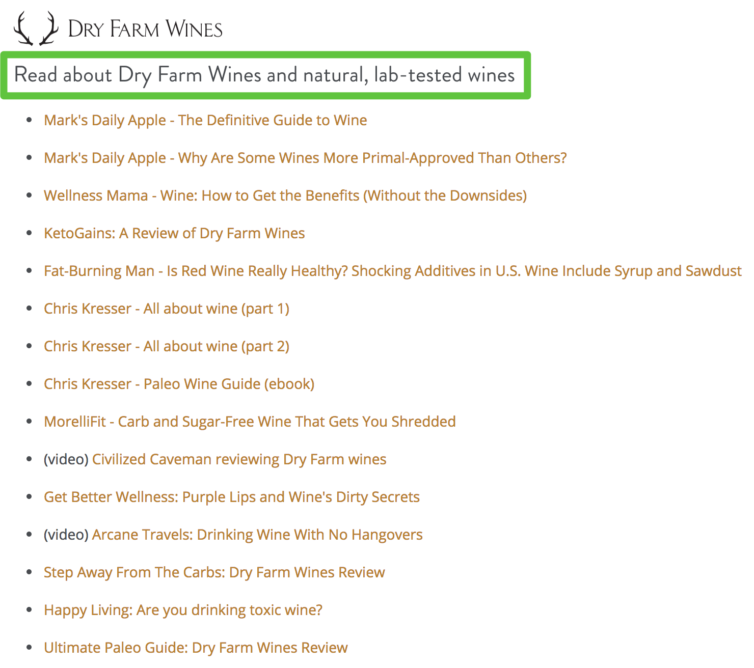 Screenshot showing list of content about wine