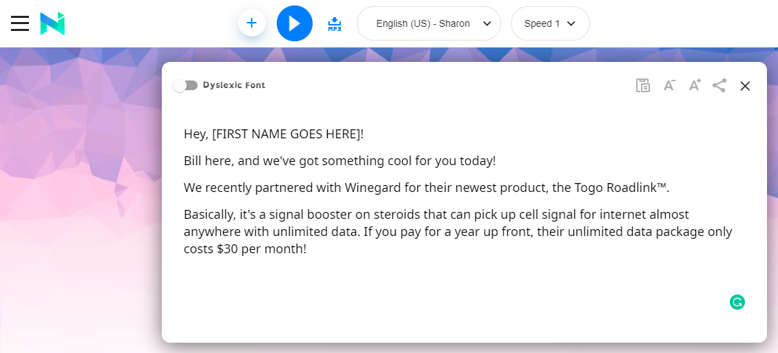 Screenshot of text-to-speech tool like Natural Readers