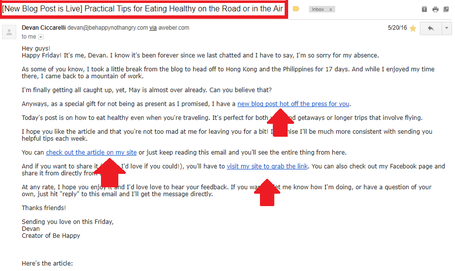 Screenshot showing an email sent by Devan @ Be Happy