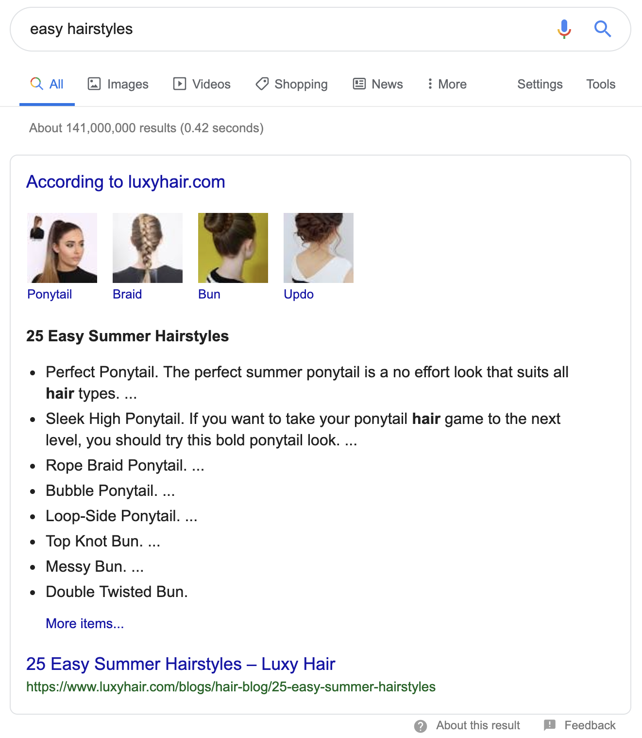 Screenshot of Luxy Hair featured snippets on Google
