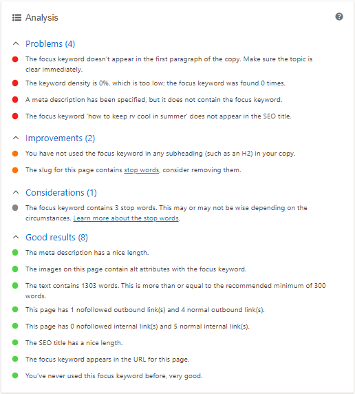 Screenshot showing results for an SEO analysis