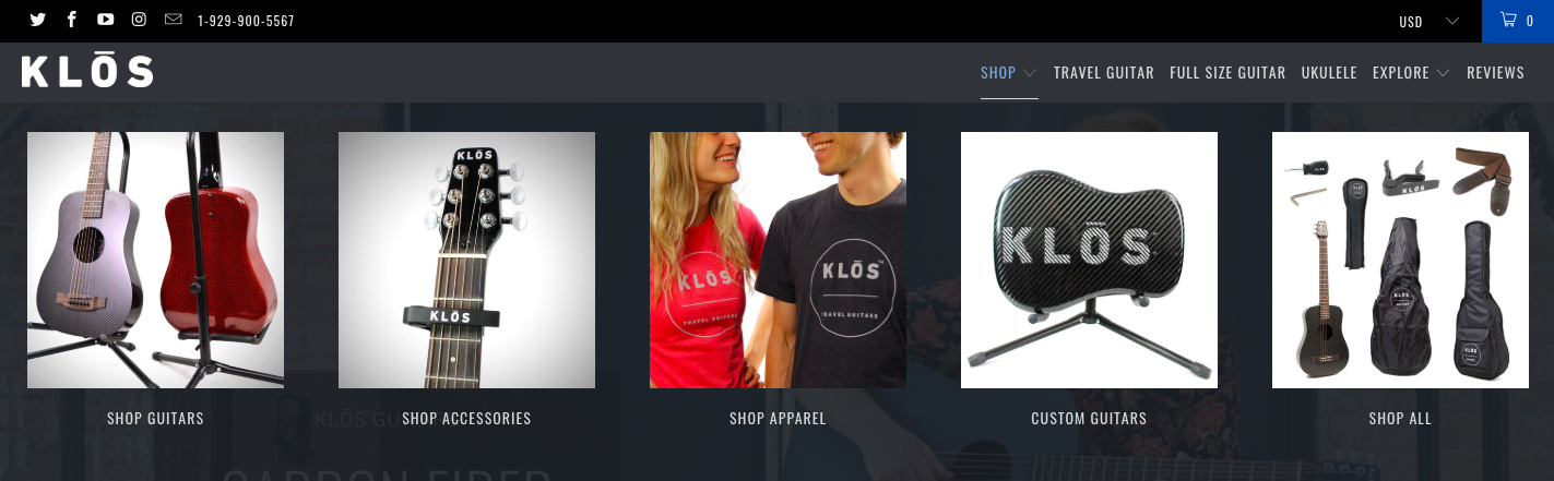 Screenshot showing KLOS Guitars product range