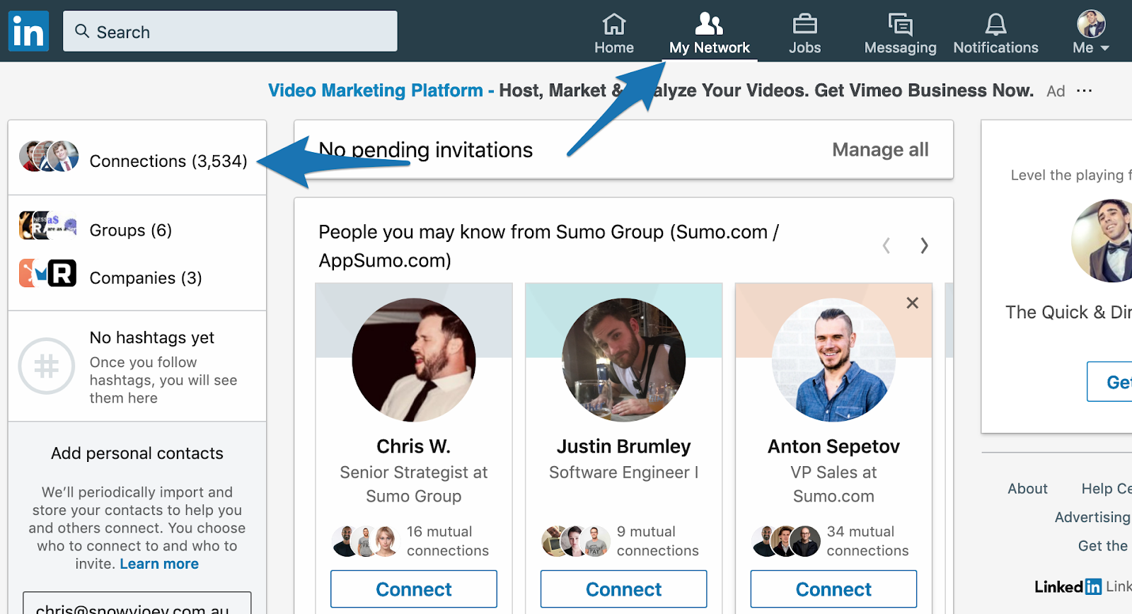 Screenshot showing LinkedIn contact dashbaord