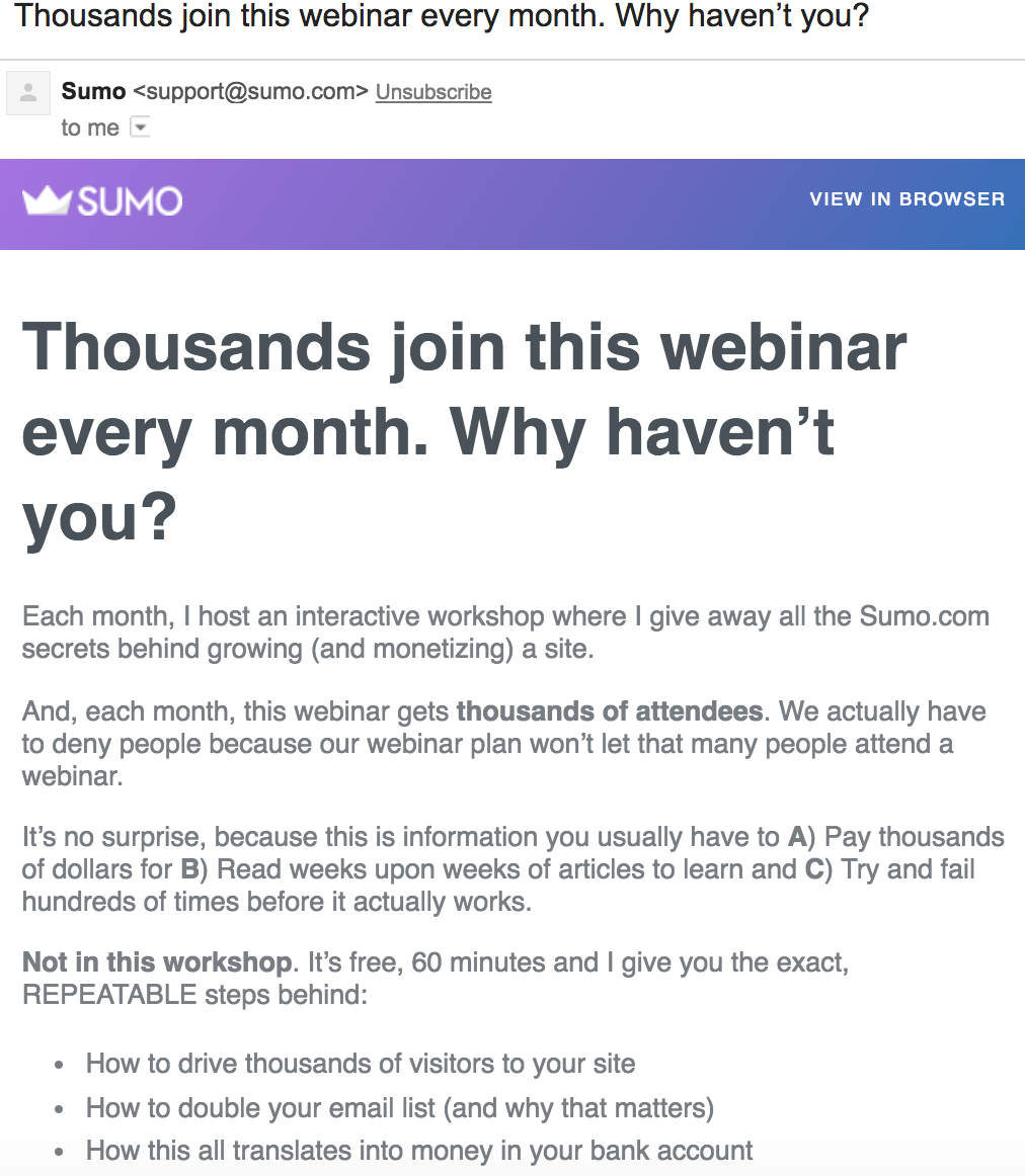 Screenshot showing a webinar promotion email sent by Sumo 