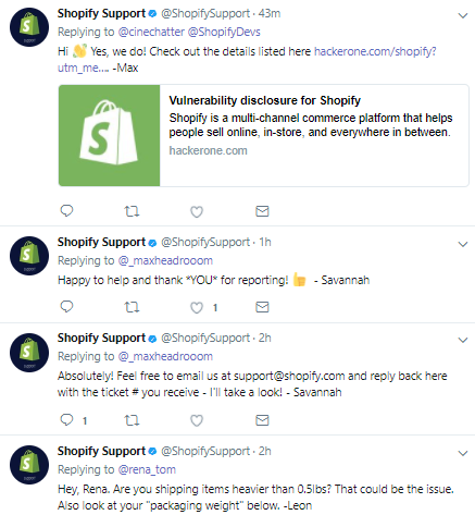 Screenshot showing twitter posts by shopify support