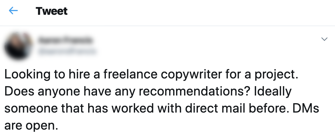 Screenshot using Tweet about looking for freelance work.
