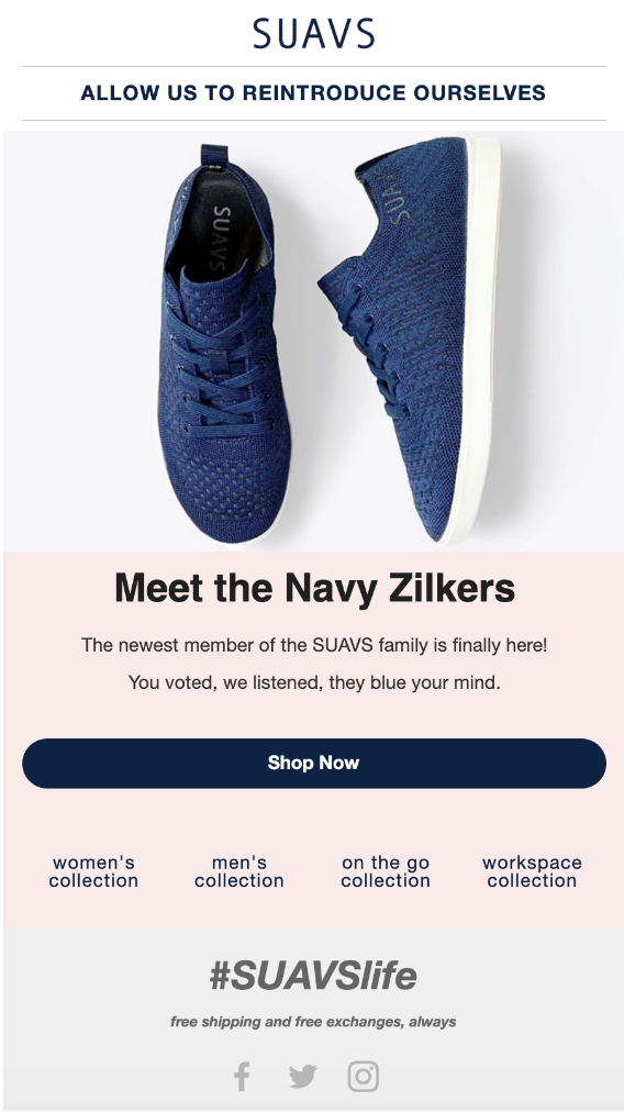 Screenshot of new product email by Suavs